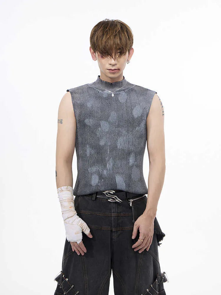Black men's sleeveless t-shirt with silver pastebrushing texture and stand collar, showing pullover vest styling
