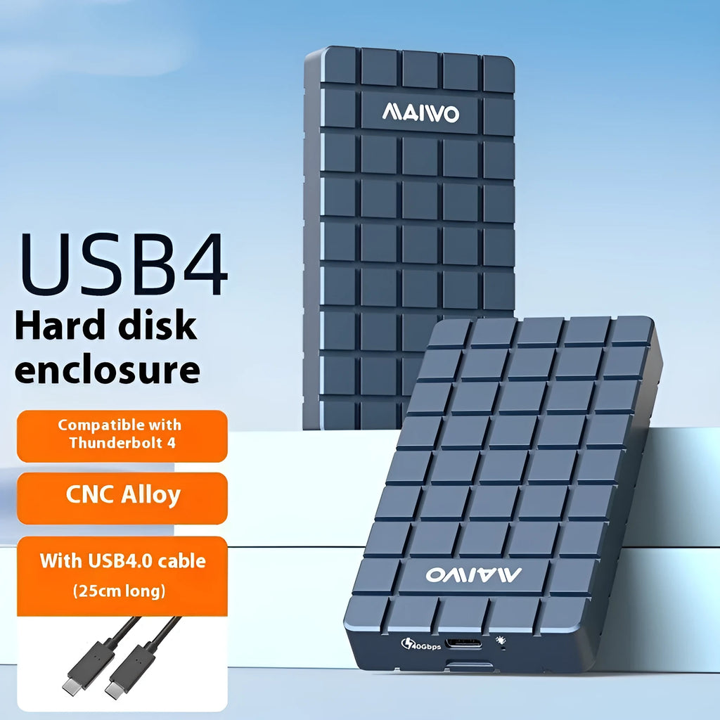 Silver aluminium alloy USB4 external hard drive enclosure for SSDs, shown with dimensions.