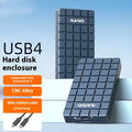 Silver aluminium alloy USB4 external hard drive enclosure for SSDs, shown with dimensions.