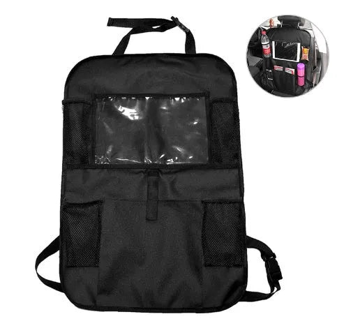 Car seat back storage bag with iPad pocket, 600D Oxford cloth, mesh and PVC film, 61x41cm