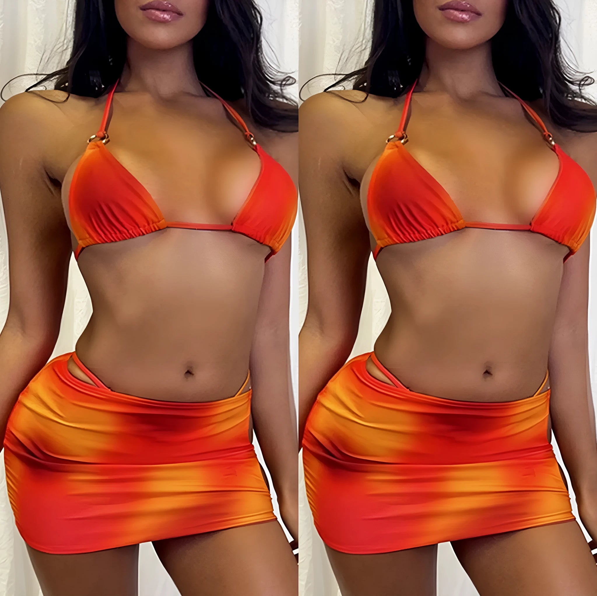 Tie-dye gradient solid colour three-piece halter bikini swimwear set with top, pants, and skirt.