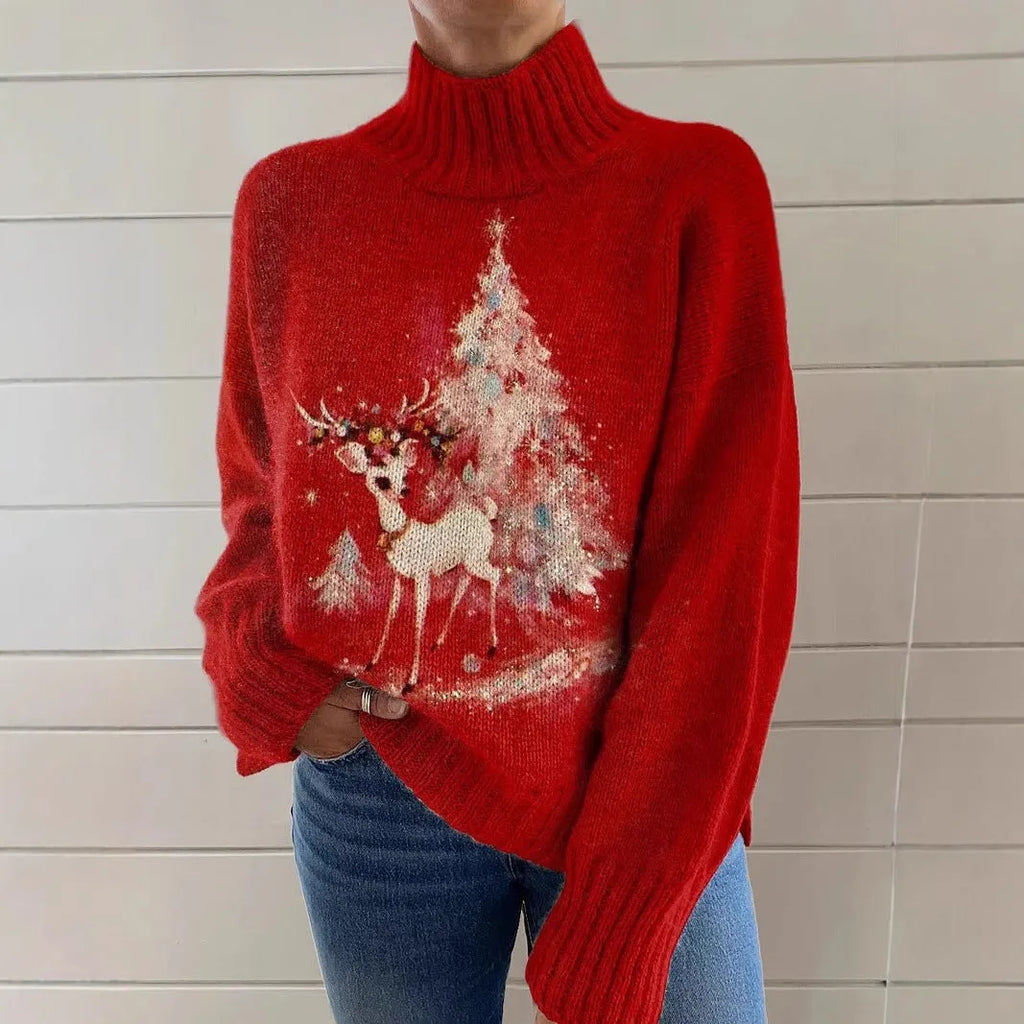 Women's Christmas printed turtleneck sweater with painting pattern on thick knit polyester fabric