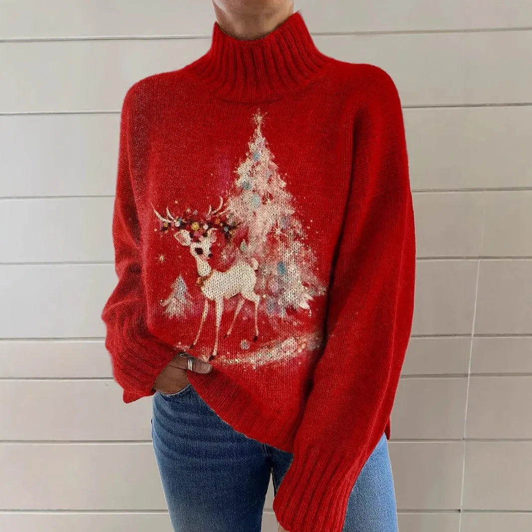 Women's Christmas printed turtleneck sweater with painting pattern on thick knit polyester fabric