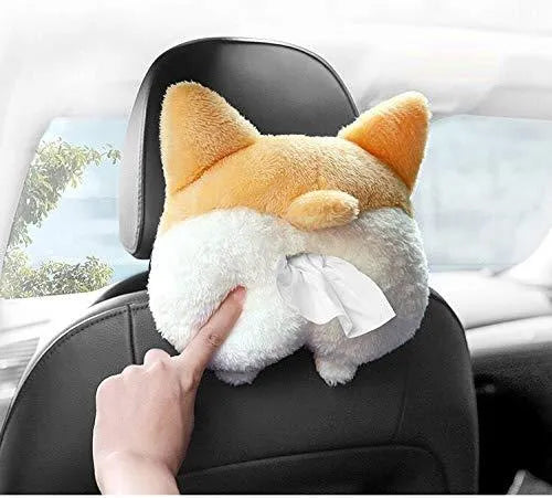 Yellow soft corgi butt shaped tissue box cover with elastic strap for hanging in car.