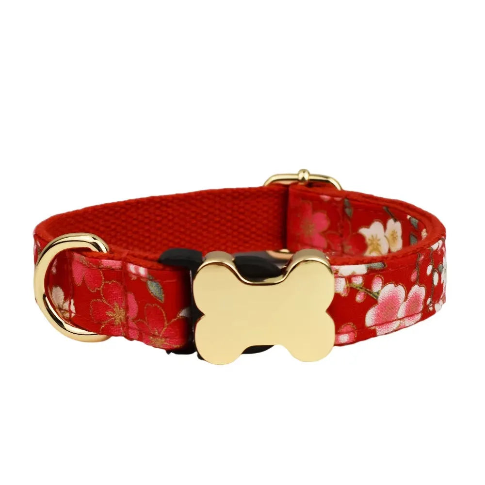 Nylon dog collar with printed grid pattern and bone-shaped buckle in multiple colour options
