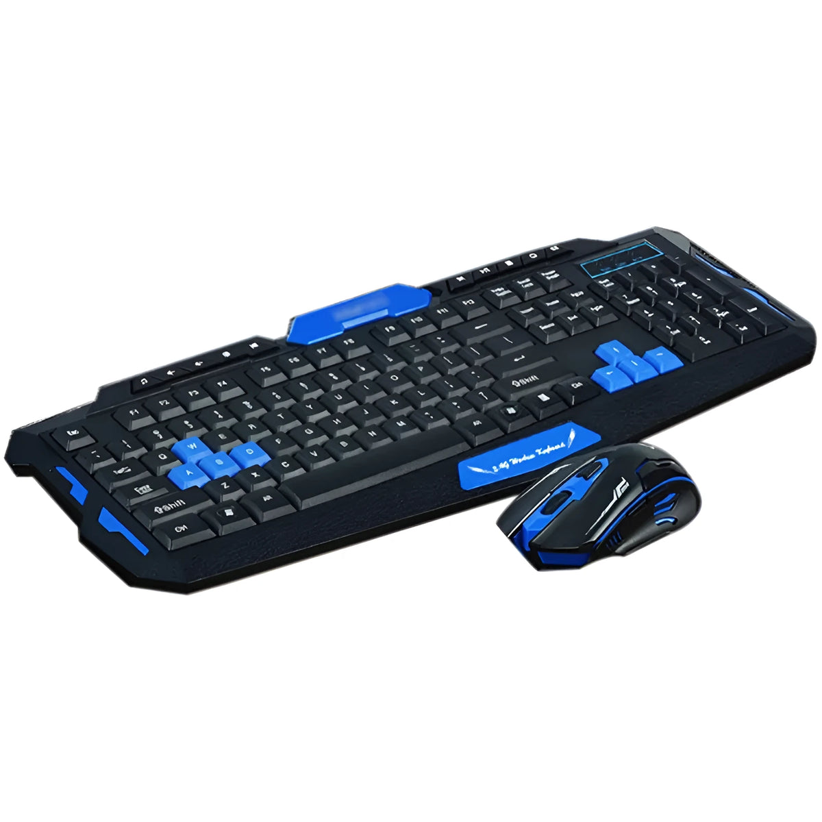 HK8100 black and blue wireless keyboard and mouse combo with 1200dpi optical mouse and USB receiver