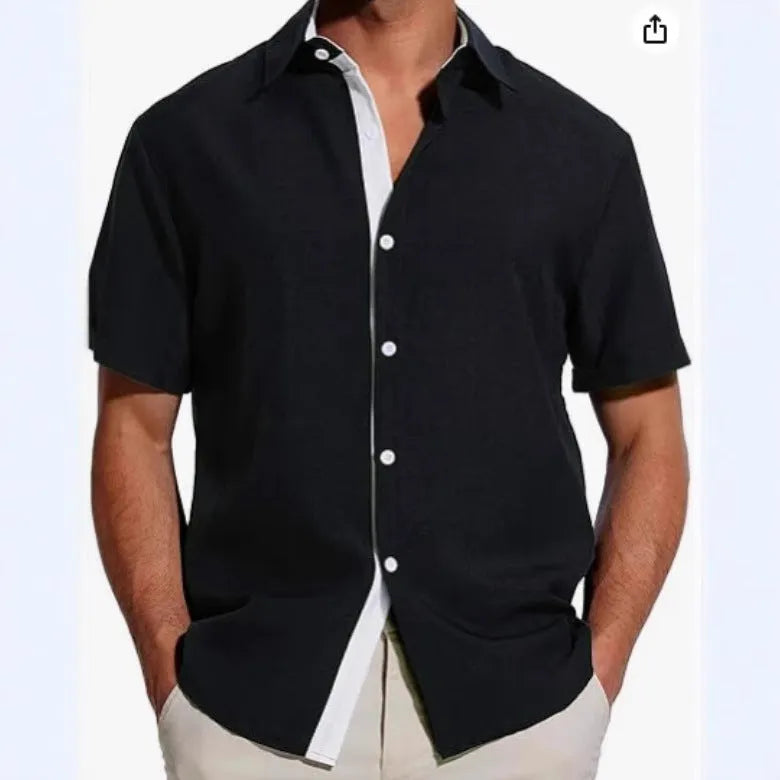 Men's grey floral print short-sleeved casual shirt laid flat, showing regular fit and lightweight polyester fabric.