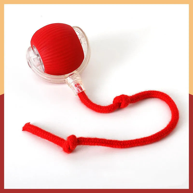 Silicone cat rolling ball toy with plush attachments in red, green, and grey colours
