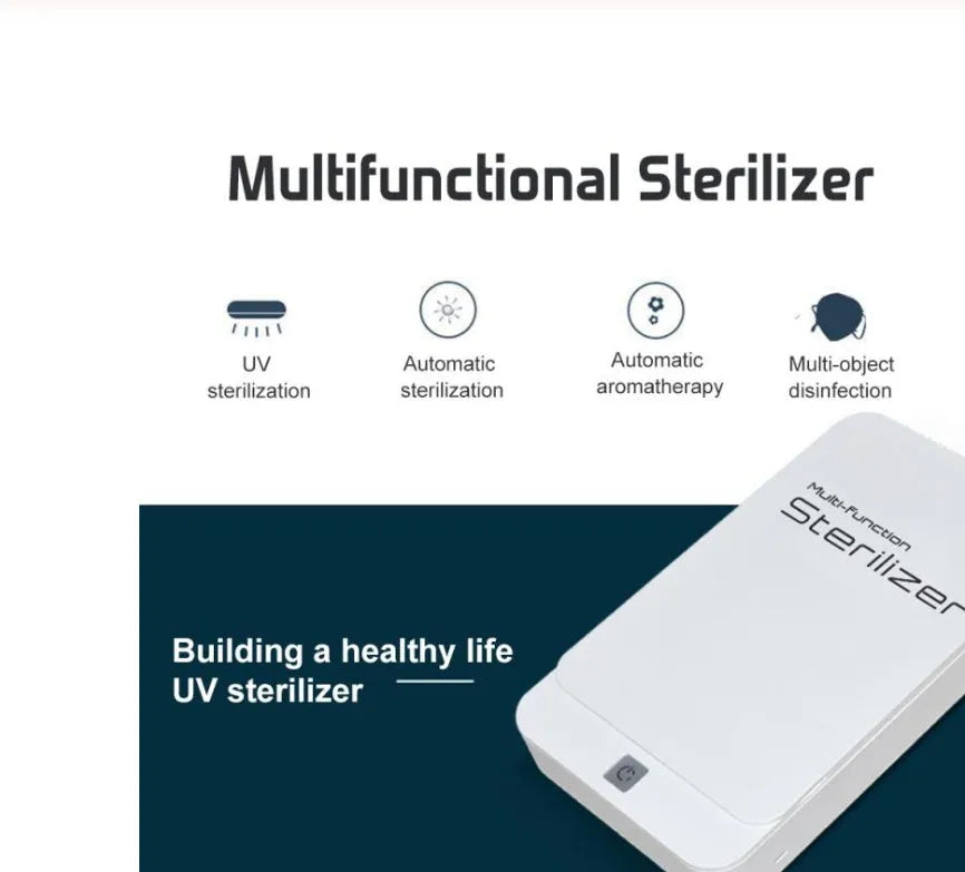 Blue UV mobile phone steriliser disinfection box with touch switch, lid open showing interior chamber.