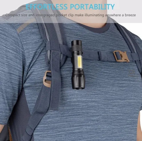 Black aluminium mini LED flashlight with telescopic zoom head and pocket clip