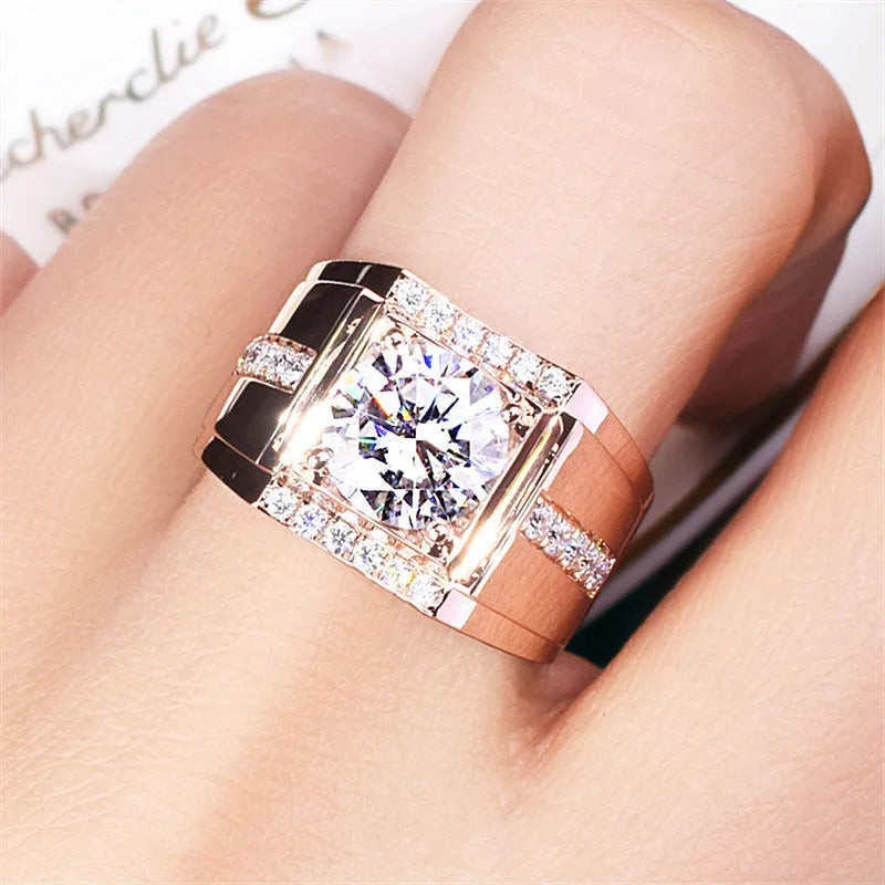 Men's adjustable open mouth ring with geometric diamond zircon in rose gold colour