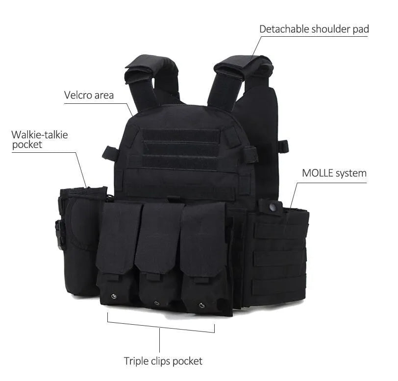 Tactical Molle plate carrier vest in Oxford with 3 detachable accessory bags, size 40cm x 25cm x 44cm