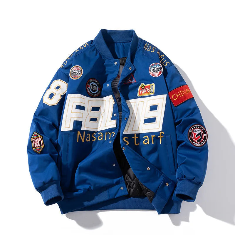 Loose-fit black motorcycle couple baseball jacket with side pockets and a removable hood.