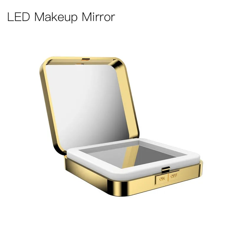 Makeup mirror with adjustable lighting showing black and white colour options with dual magnification surfaces