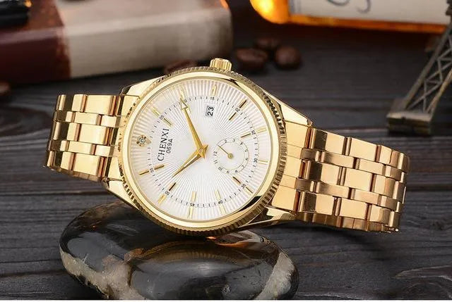 Quartz watch strap watch shown in Black, Gold, and White with Female and Male style options.