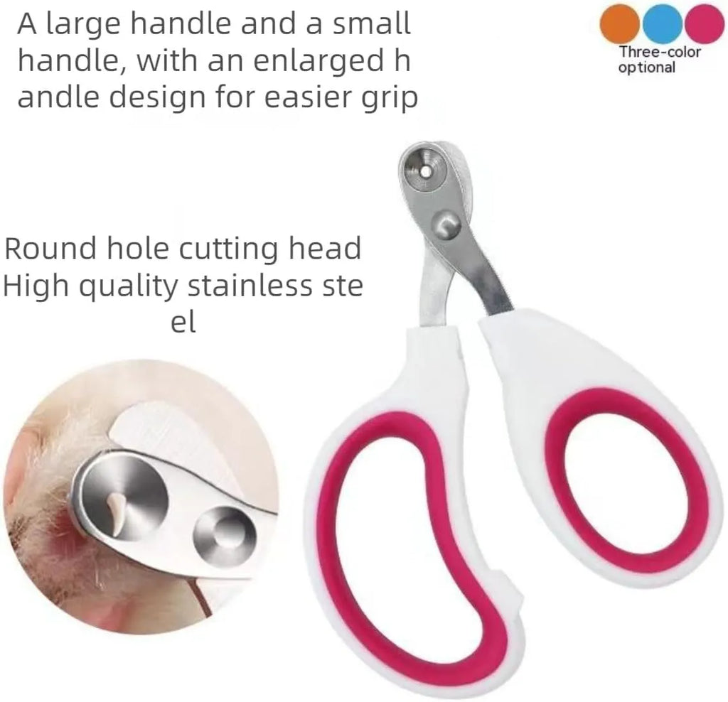 Blue pet nail clippers with circular cutting hole and cushioned non-slip handle for cats and small animals.