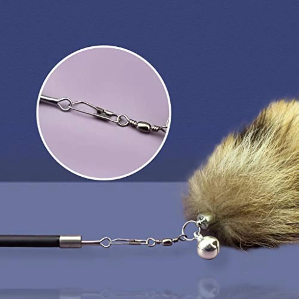 Black cat toy wand with feather attachment and long elastic string for interactive play