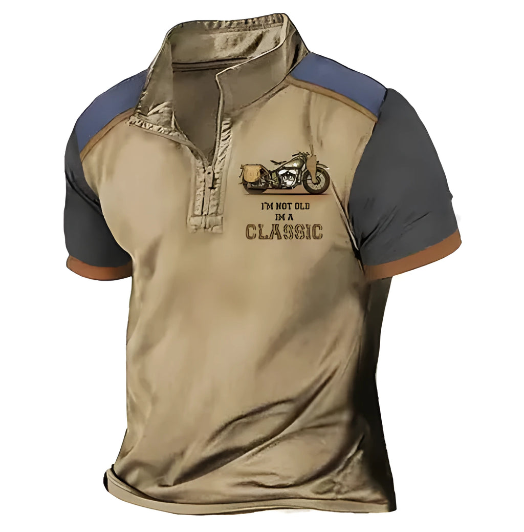Men's loose fit golf polo shirt with 3D printed design on blue bird eye cloth.