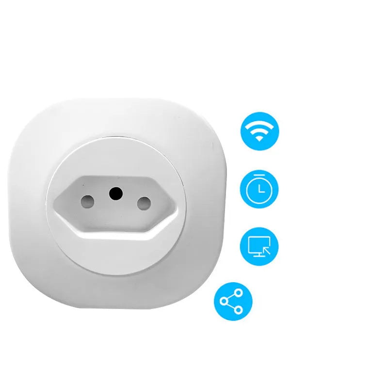 White smart socket plug with WiFi and voice control features showing EU plug configuration