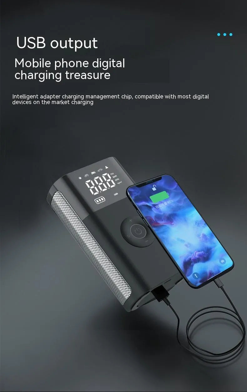 Wireless handheld digital display air pump with LED light and accessory nozzles for car and bicycle tyres