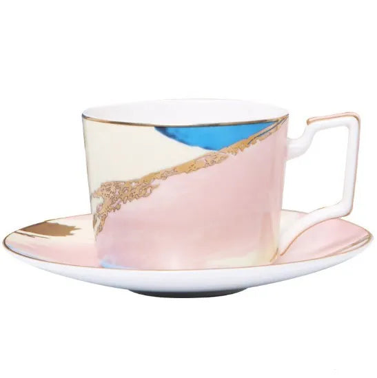 Watercolour dessert plates with real gold edge, 45% bone powder porcelain, 26.5 cm and 20.5 cm sizes, pink yellow blue options.