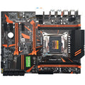 Black X99 chipset desktop motherboard with LGA2011-3 socket, four DDR4 slots, and PCI-E x16 slots.