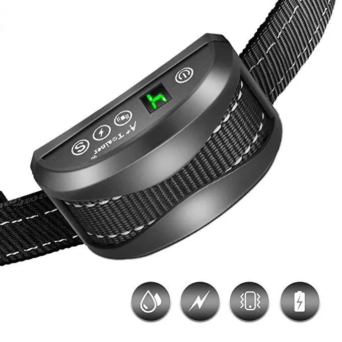 Black dog training collar with digital display and adjustable reflective strap on a grey background.