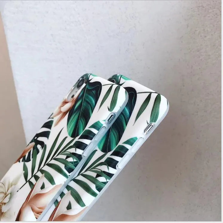Soft TPU iPhone case with banana leaf floral pattern for multiple models