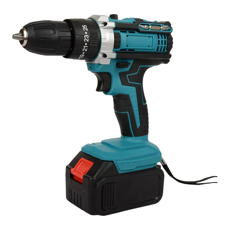 Multifunctional lithium electric drill screwdriver set with rechargeable battery, three-jaw chuck, and plastic storage box.