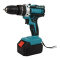 Multifunctional lithium electric drill screwdriver set with rechargeable battery, three-jaw chuck, and plastic storage box.