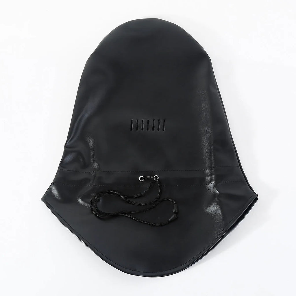 Black leather training mask with eye openings and adjustable strap