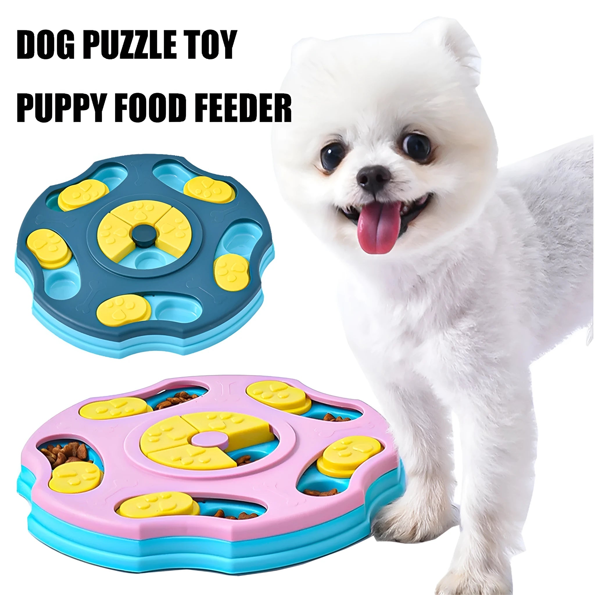 Blue and pink dog puzzle toy showing food bowl and interactive searching game design for aggressive chewers.