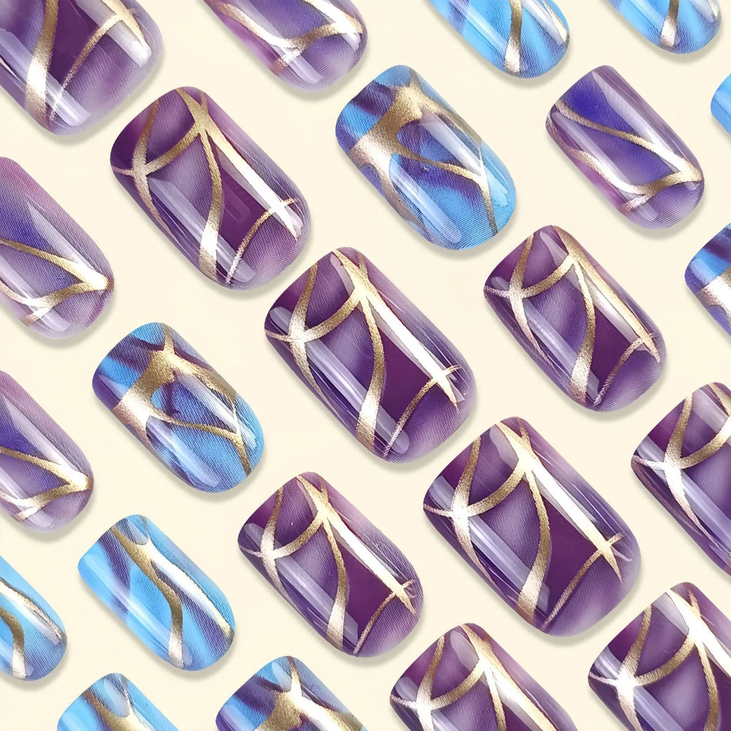 Mid-length purple and white striped nail art stickers on a clear background.