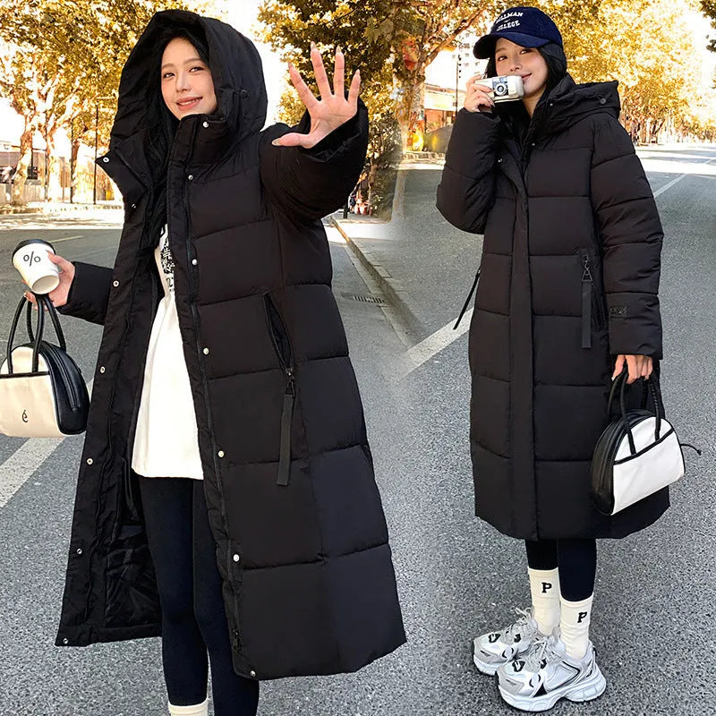 Korean-style quilted cold-proof jacket in black, shown with regular long sleeves.