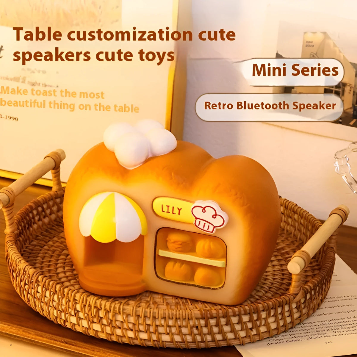 White ABS bakery Bluetooth speaker with glowing bread-shaped design, 155x90x115mm, FM/TF/USB/TWS modes