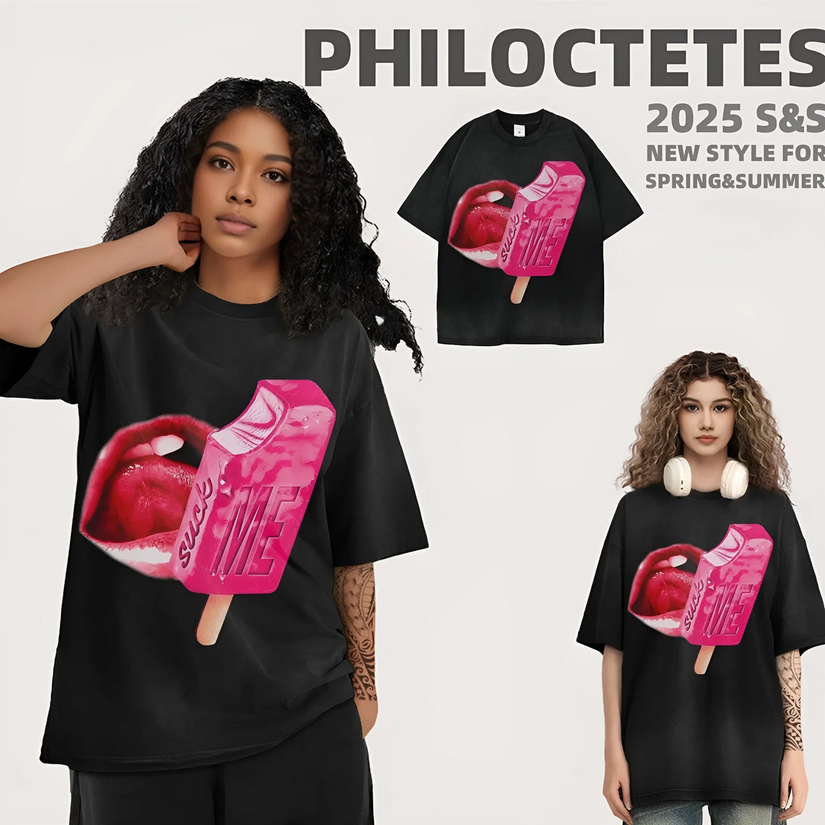Loose fit heavy washed cotton T-shirt with cartoon print on a person, showing short sleeves.