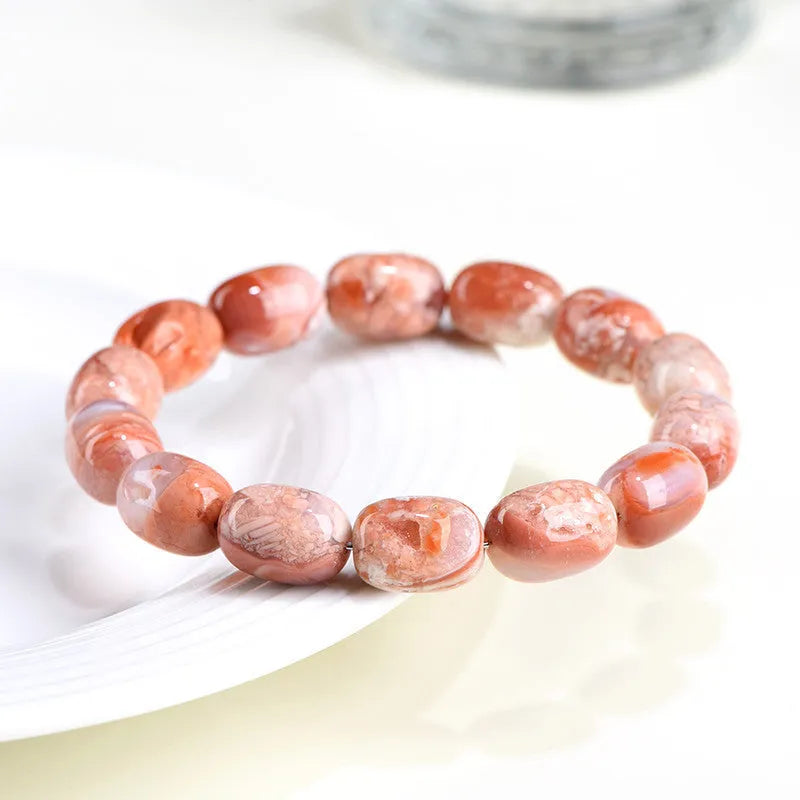 Natural cherry agate barrel bead bracelet with Ruyi elements and 10x14mm beads