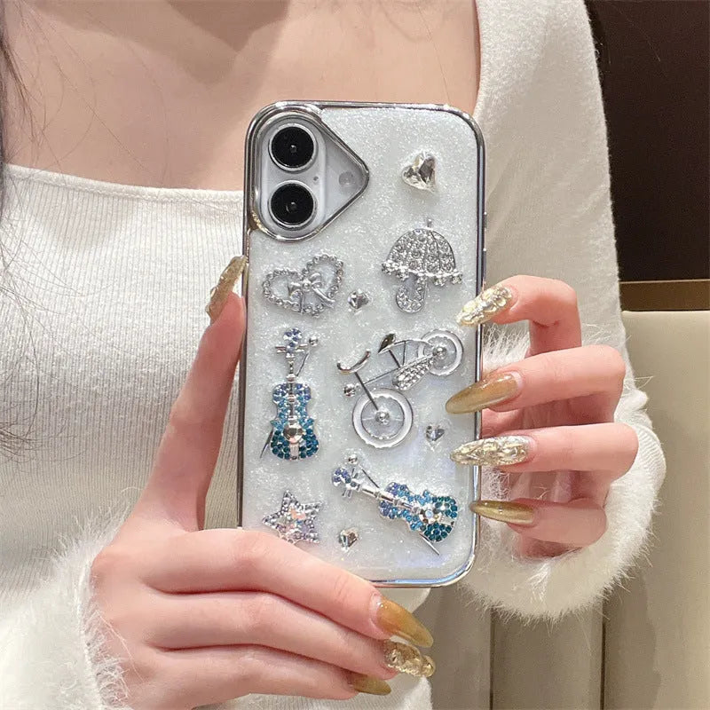 White silicone iPhone case with 3D guitar heart epoxy design and guitar lanyard