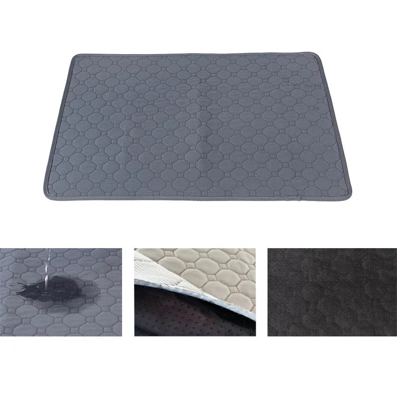 Washable dog pee pads in neutral tan and grey colours measuring 18x24 inches