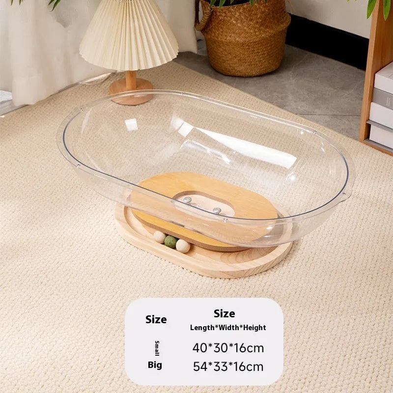 Transparent acrylic cat space capsule turntable bed in bathtub shape on rotational base