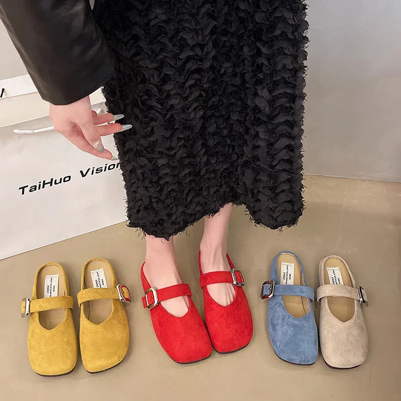 Women's flat closed toe slippers with square head design in apricot colour