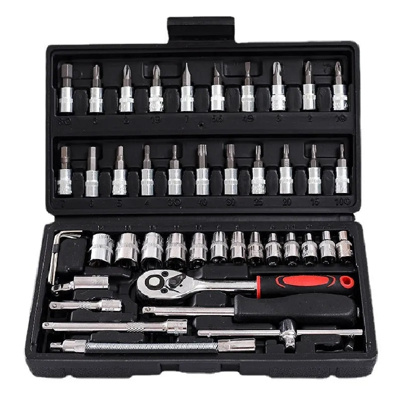 Cr-V chromium vanadium steel socket ratchet wrench set in a case for auto and home repair.