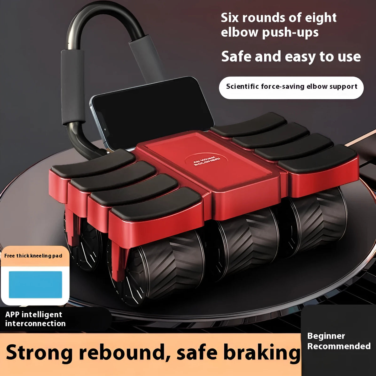 Six-wheel eight-elbow automatic rebound abdominal wheel with pad, hassock, and AI APP connectivity in Knight Black or Tough Guy Red