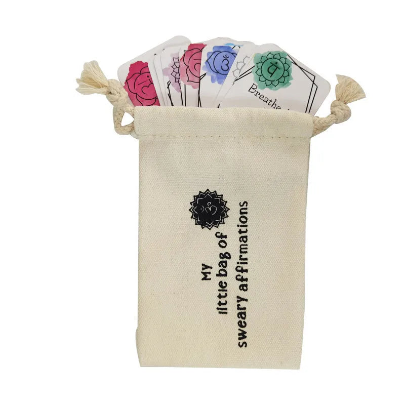 Set of 16 colourful funny affirmation cards in a greeting card bag.