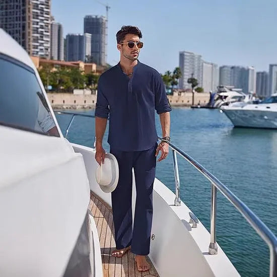 Men's cotton casual suit set in solid colour with long sleeves and trousers for spring and autumn leisure wear