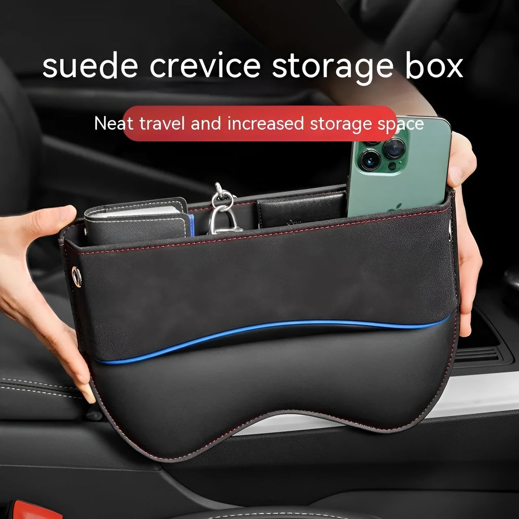 Leather car seat storage organiser box in a choice of five suede-effect colours.