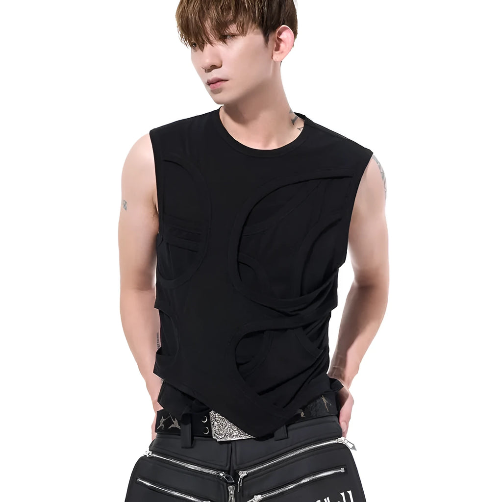Man wearing a solid grey Lyocell vest with a round neck and sleeveless tank-top design.