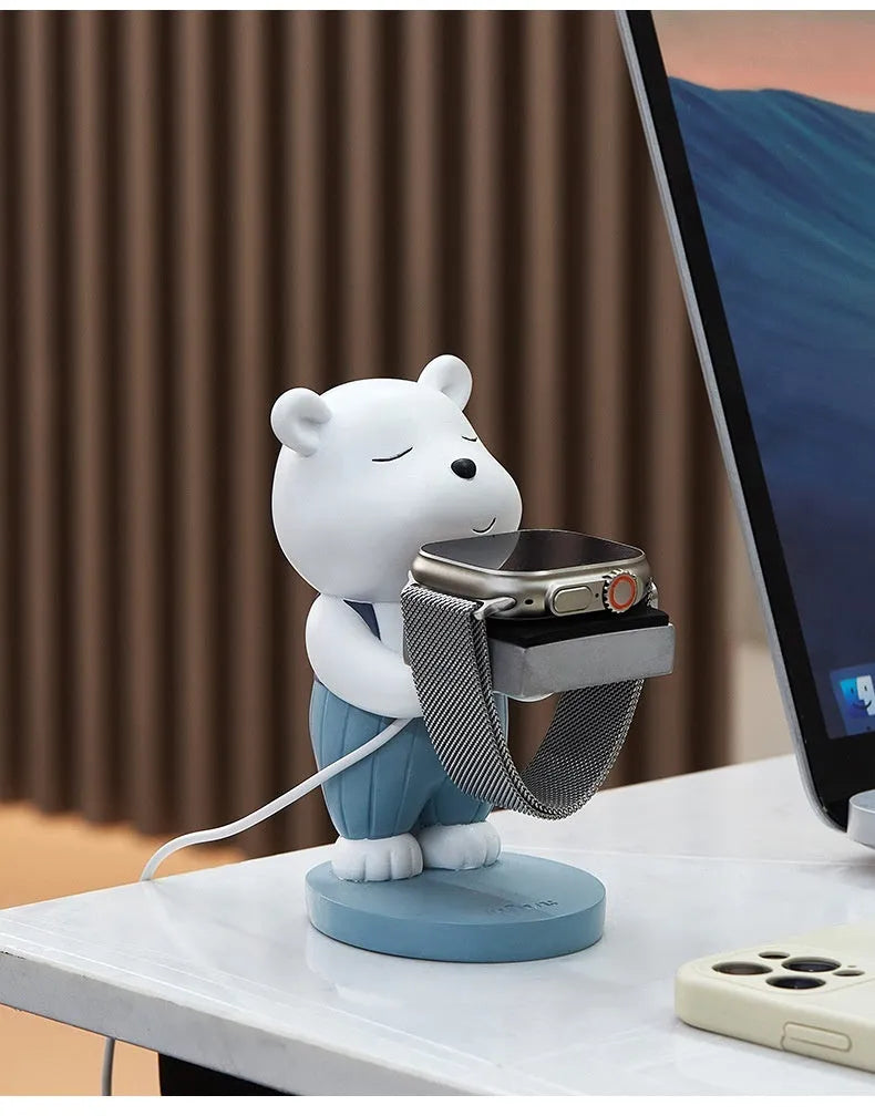 Cartoon baby bear resin watch charger bracket with square support base for bedside table or desk