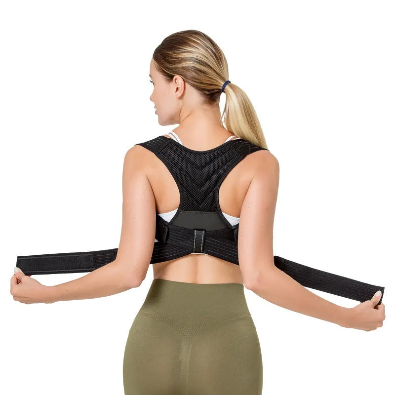 Black anti-humpback posture correction belt for back support during sports and fitness activities