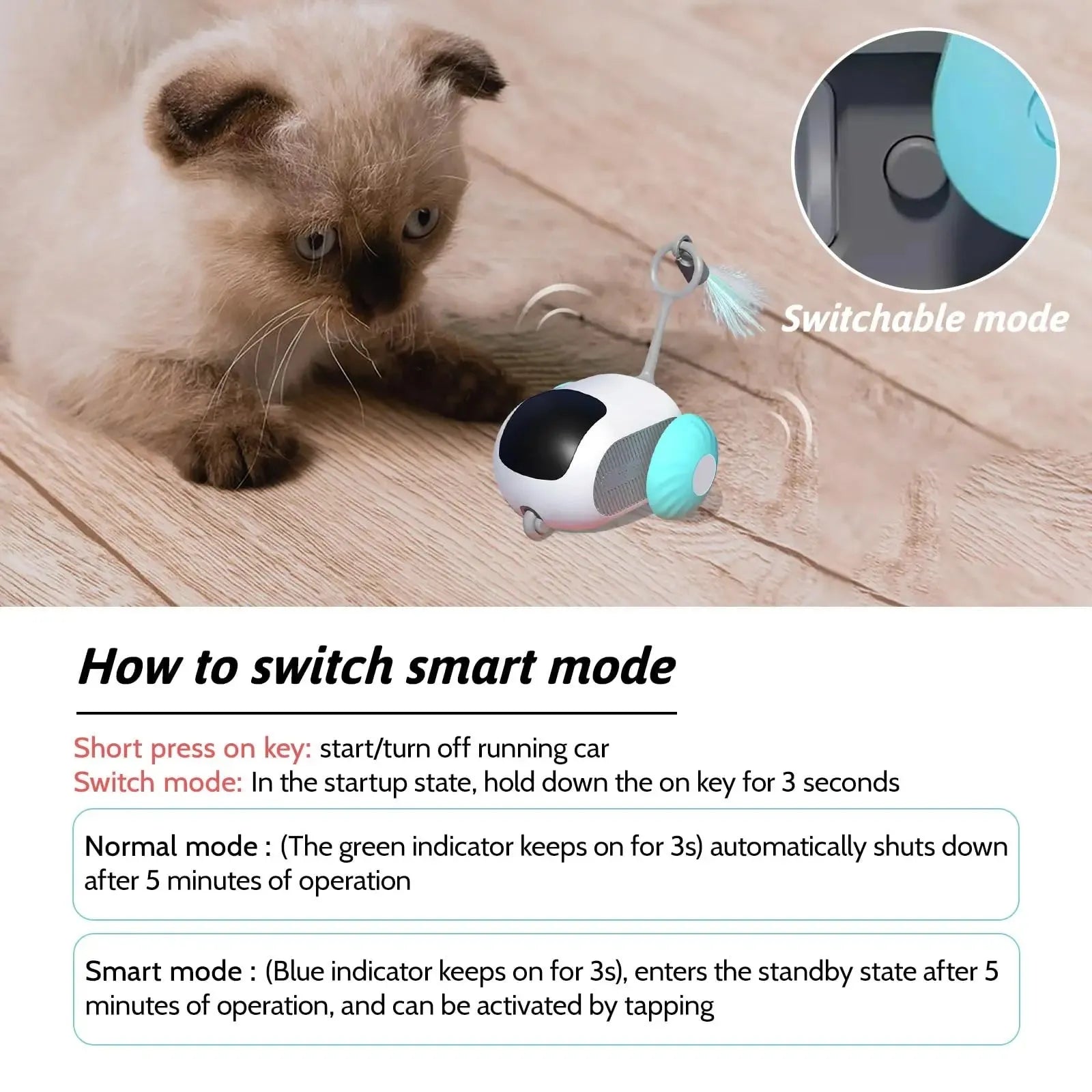 Blue smart cat toy car with feather teaser attachment and remote control